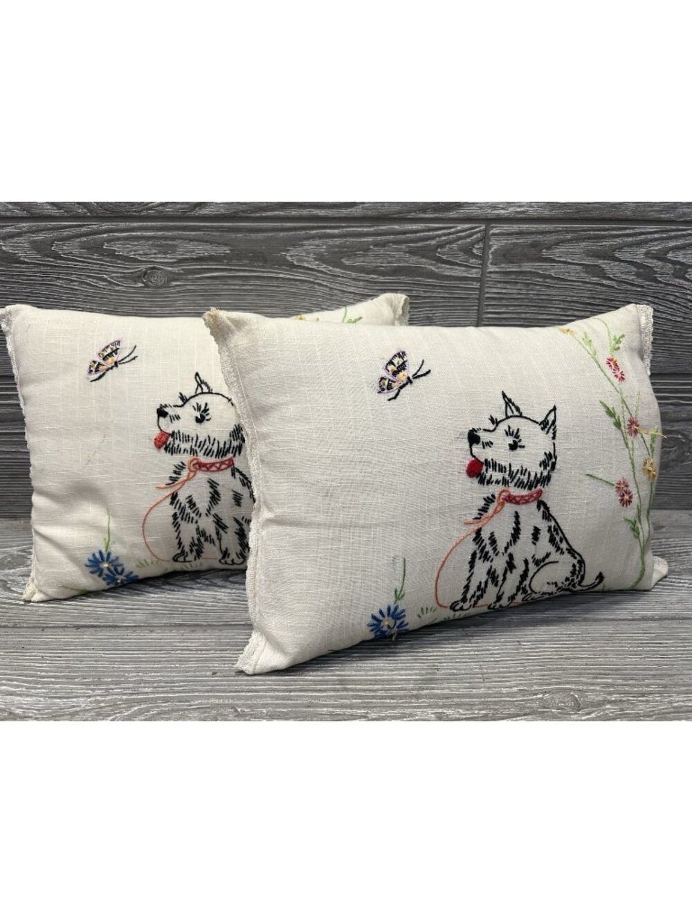 Vintage Hand Embroidered Throw Pillows Puppy Dog with Butterfly Set Of 2 READ